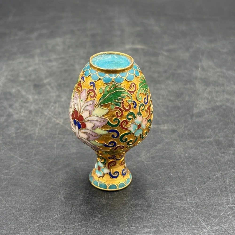 Vintage Miniature Cloisonne Enamel Vase and Egg Set Gold Floral Decor